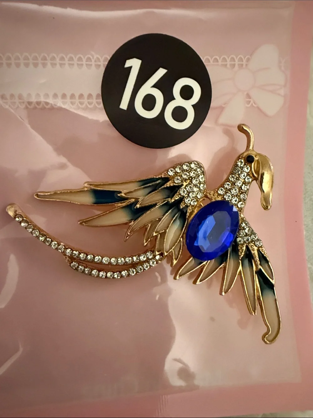 Gold-Tone Blue Crystal Bird Brooch - Rhinestone